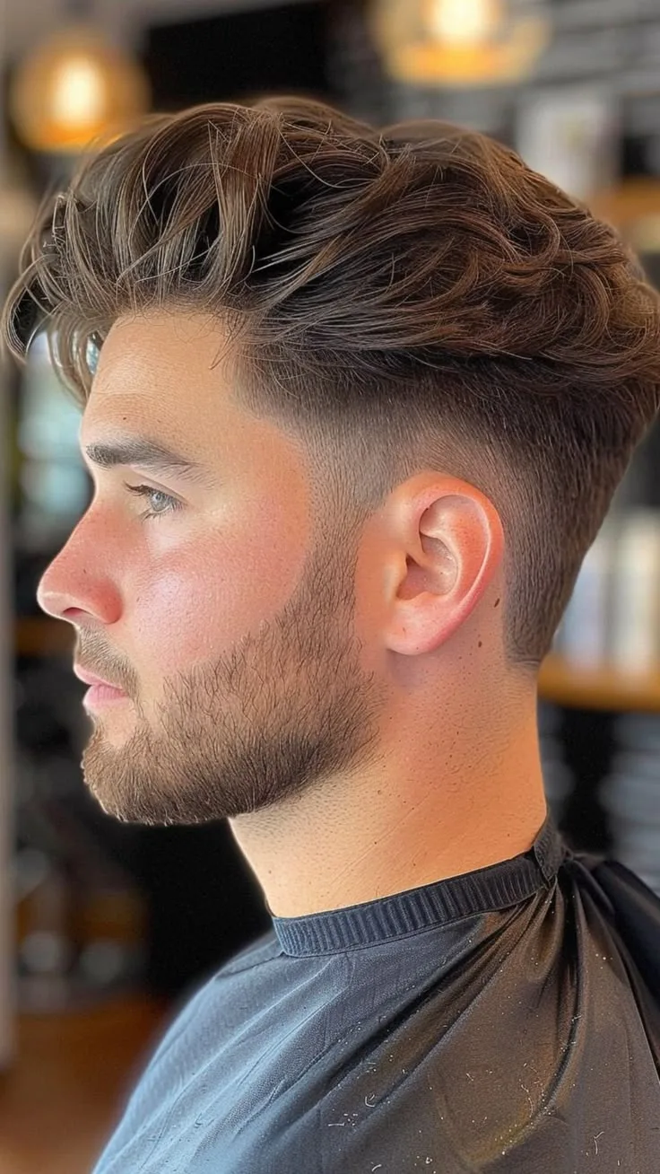 Pompadour with Low Taper Fade Wavy Hair