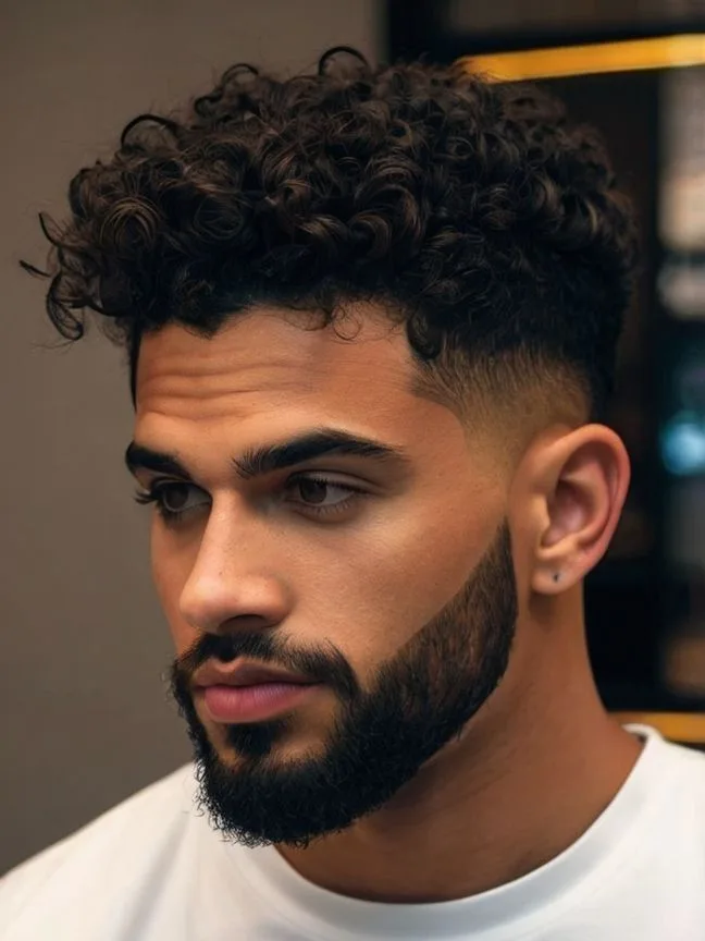 Curly Taper Fade with Beard