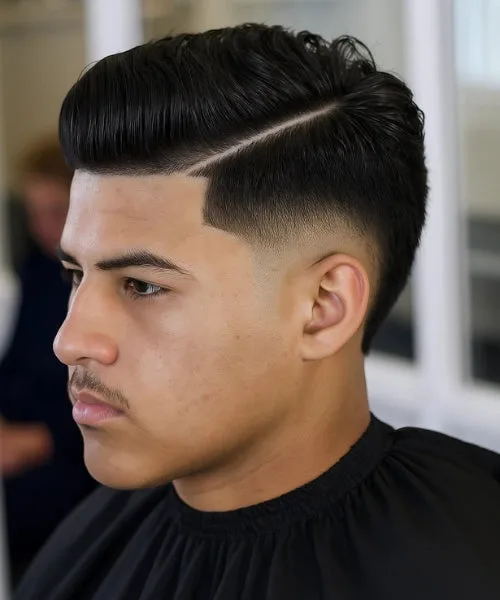 Burst fade side part hairstyle with sharp fade around ears and voluminous parted top.