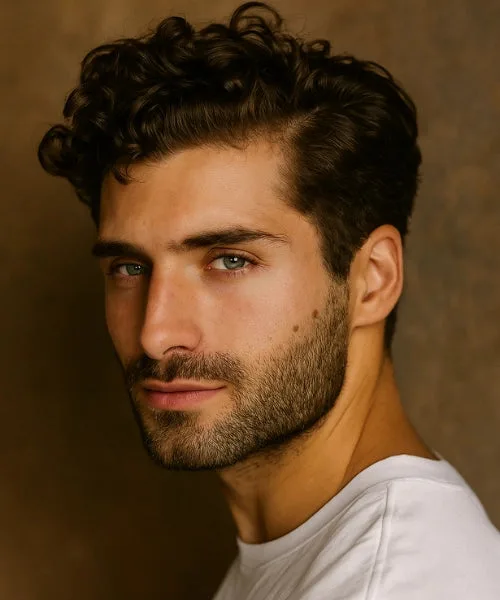 Curly side part haircut with voluminous curls on top and clean side part for structure.