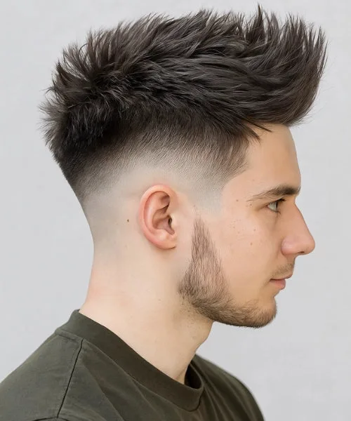 Faux Hawk mullet with lifted crown and long layered back for edgy, rebellious energy.