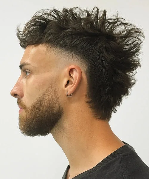 Faux Hawk mullet with lifted crown and long layered back for edgy, rebellious energy.