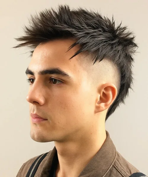 Punk Faux Hawk with skin-shaved sides and jagged spikes for rebellious, loud texture.