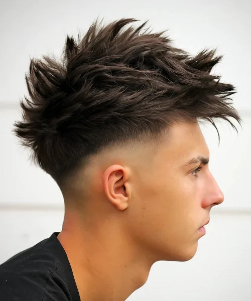 Faux Hawk with long choppy top and shaved sides for high-contrast edgy texture.