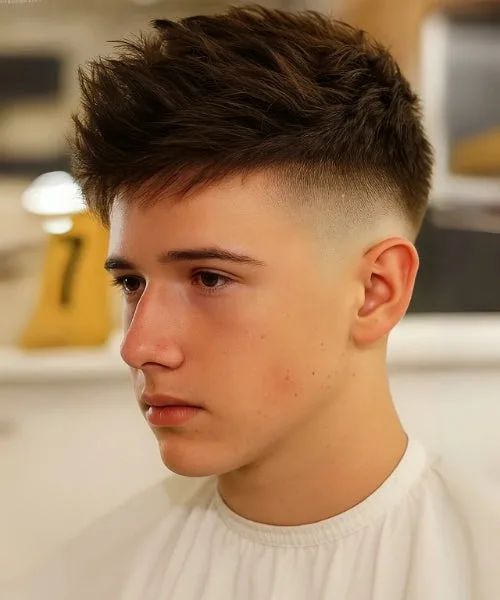 Layered Faux Hawk with feathered top and faded sides for soft lift and modern flow.