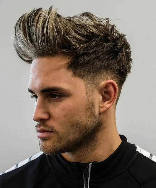 Long Faux Hawk with swept-back top and textured peak for dramatic flair and shape.