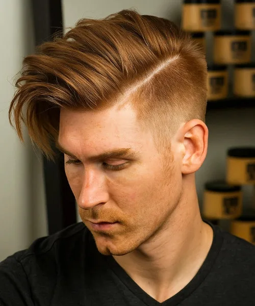 Long side part hairstyle with voluminous swept top and clean part for sleek polished look.