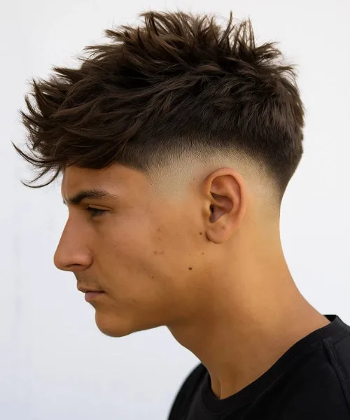 Messy Faux Hawk with tousled texture and faded sides for relaxed, lifted style.