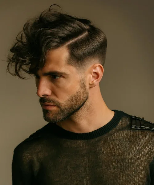 Messy side part haircut with tousled top, natural flow, and clean defined side part.