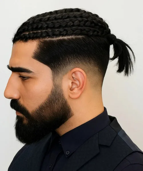 Side part braids hairstyle with defined parting, clean fade, and braided textured top.