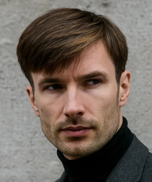 Side part fringe haircut for men with defined part and textured fringe across the forehead.