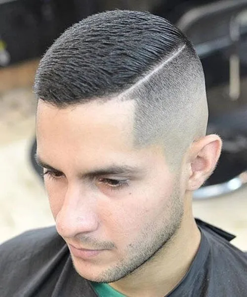 Side part short hair cut with cropped sides and clean part for timeless low-maintenance style.