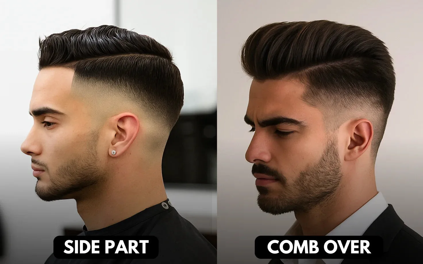 Side Part vs Comb Over hairstyle comparison highlighting clean structured side part and voluminous comb over style