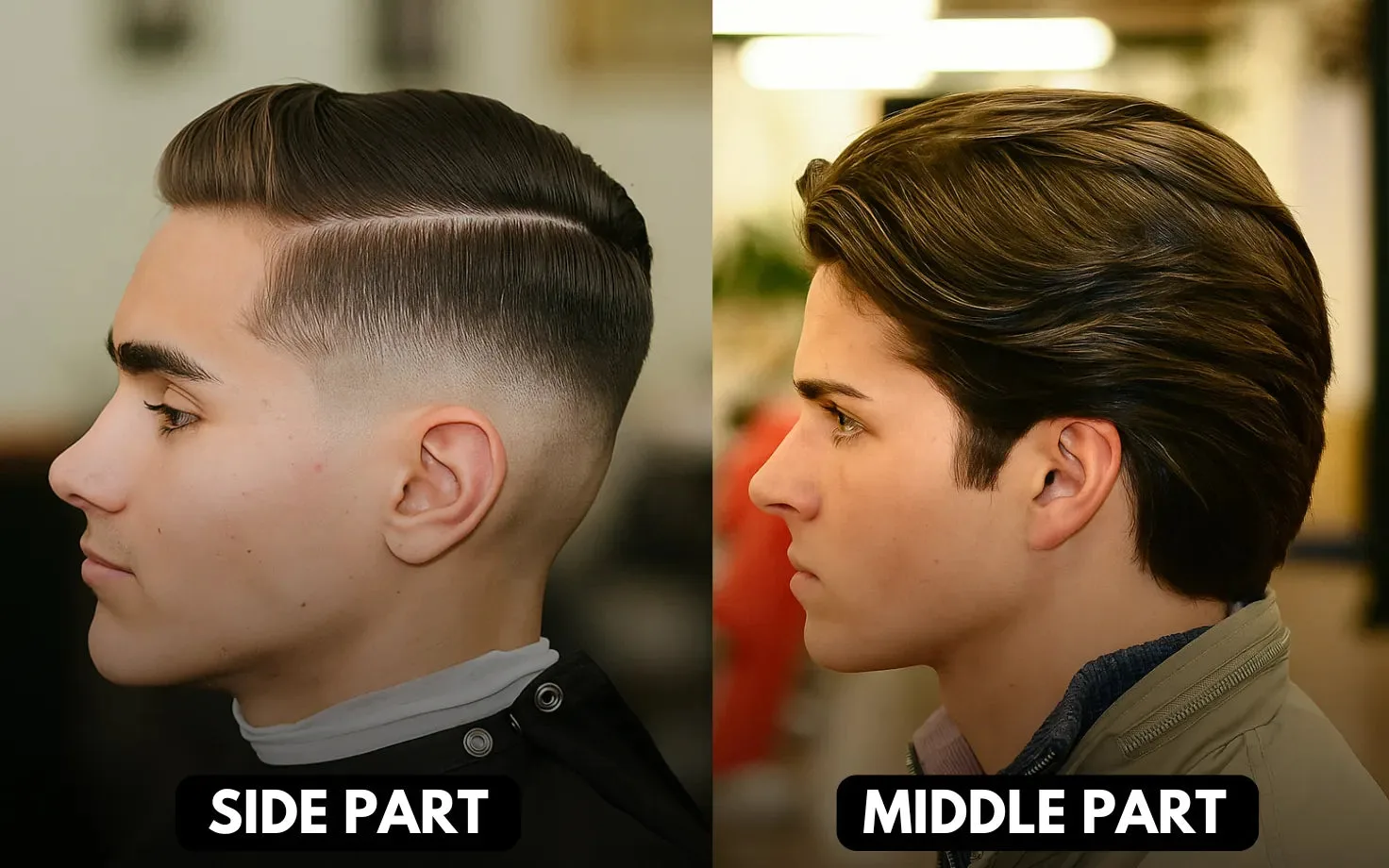Side Part vs Middle Part hairstyle comparison showing structured sharp side part and natural flowing middle part