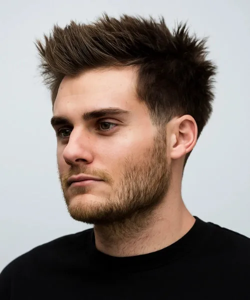 Spiky Faux Hawk with sharp vertical strands and faded sides for fierce, youthful edge.