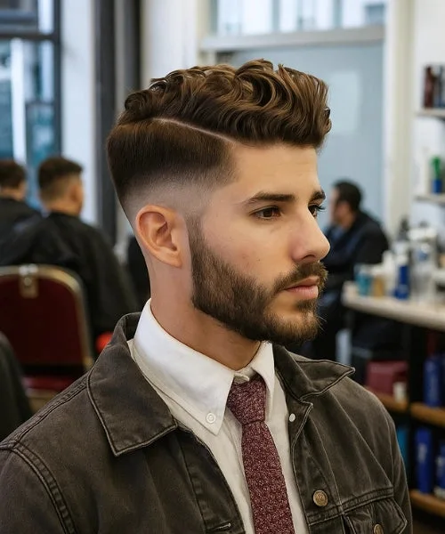 Wavy side part haircut with textured top, clean faded sides, and natural flowing waves.