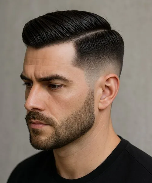 Comb Over Taper Fade with Beard