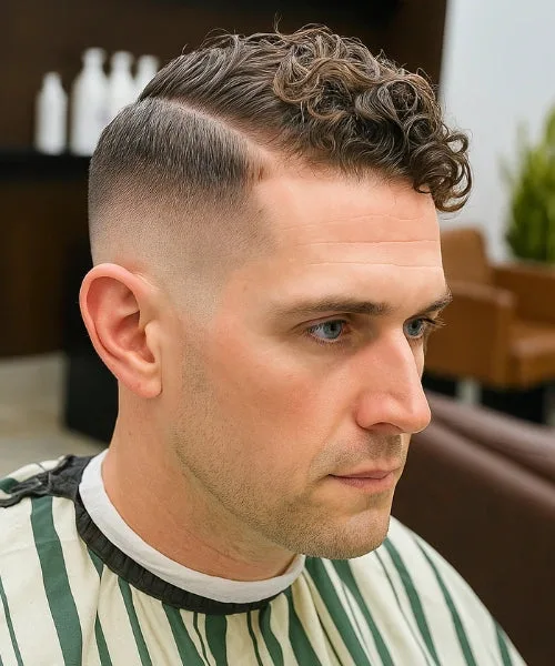 Curly hair comb over with defined textured curls on top and faded sides for modern contrast