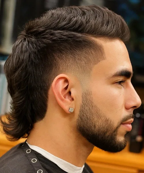 Comb over mullet haircut blending sleek side part with textured mullet back for retro-modern style