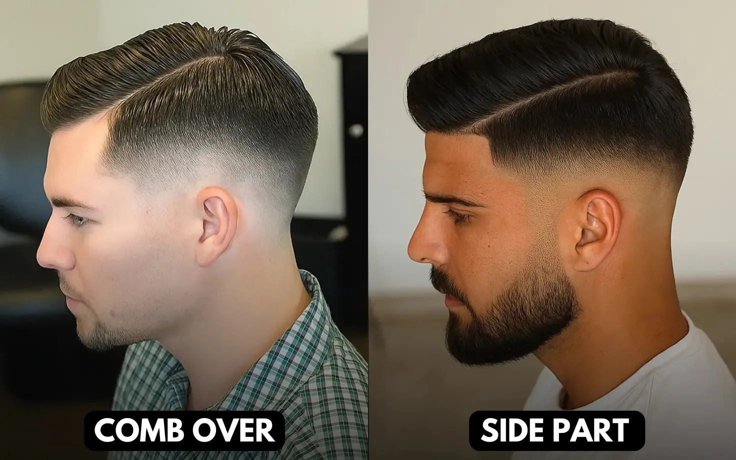 Comb over vs side part comparison showing smooth flow with volume versus sharp structure and clean lines