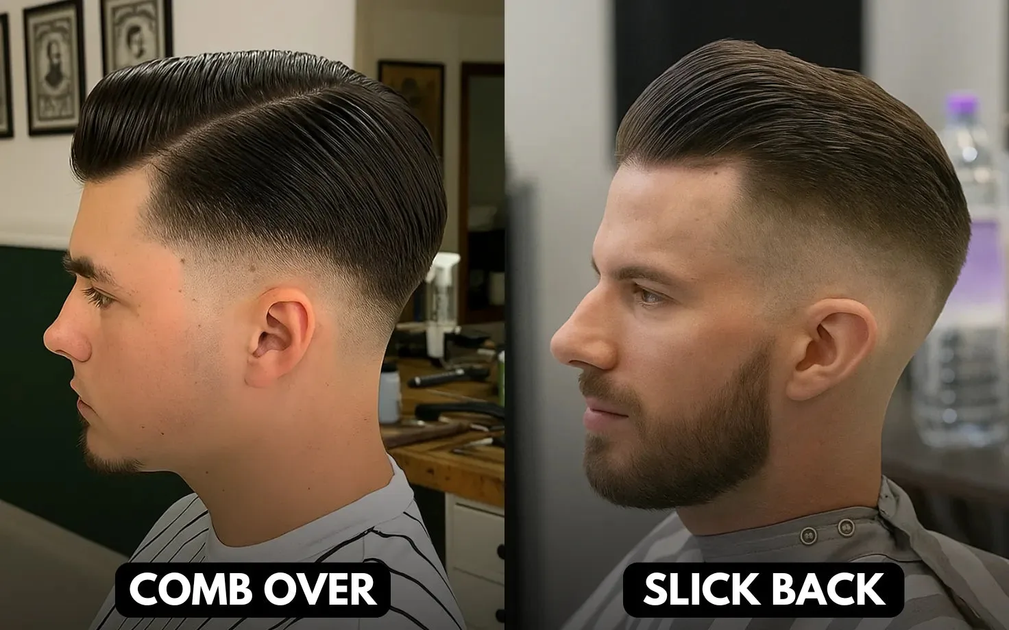 Comb over vs slick back comparison highlighting side-swept polished style versus sleek brushed-back finish