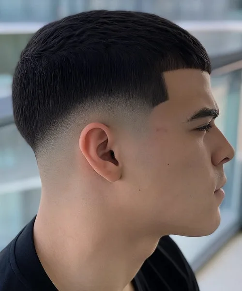 Drop Fade Edgar haircut with sharp blunt fringe top and faded sides