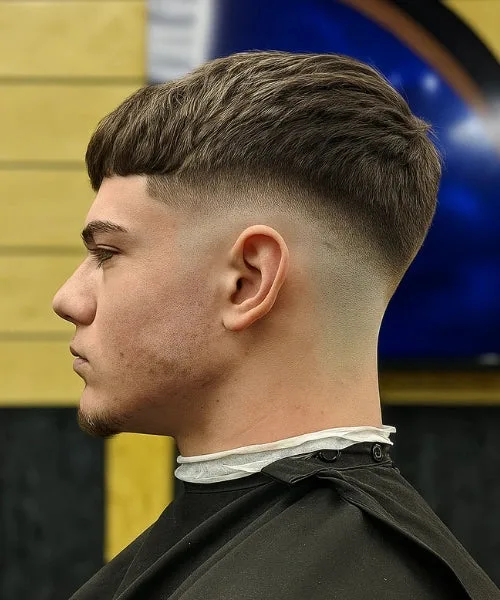 Drop Fade French Crop with straight fringe and clean curved fade for modern finish