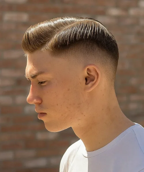 Drop Fade Side Part with defined side parting and curved fade for stylish polish