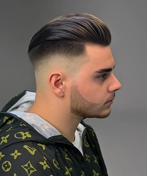 Drop Fade Undercut with long slicked top and sharp faded undercut sides