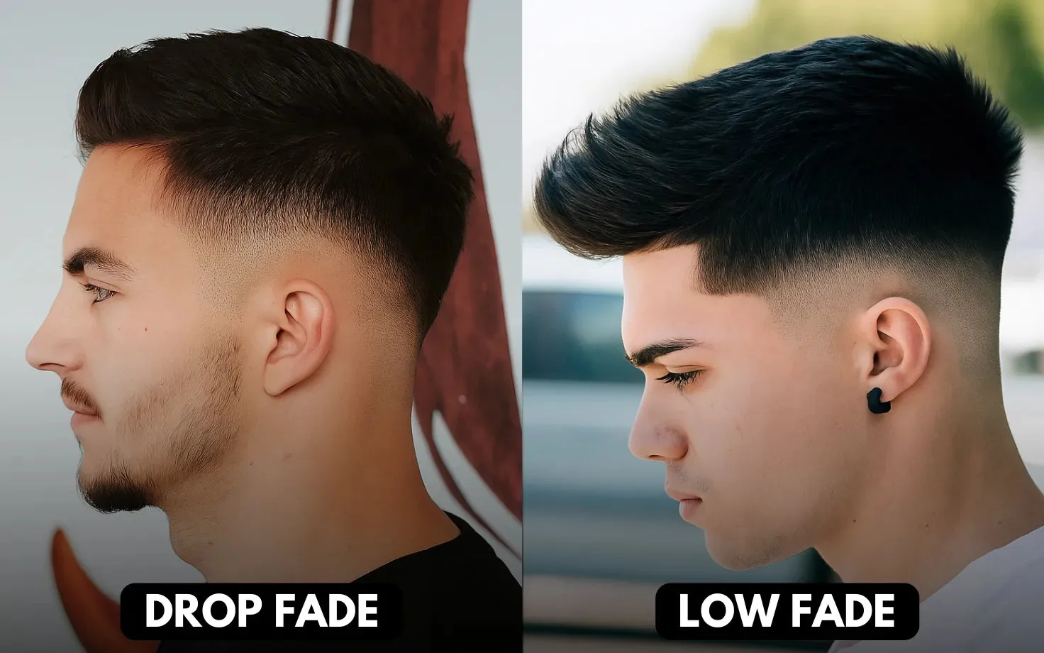 Drop Fade vs Low Fade showing curved fade behind ear vs subtle low taper fade