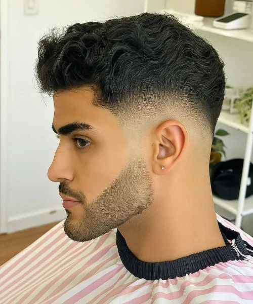 Drop Fade Wavy Hair with textured wavy top and curved fade for modern style