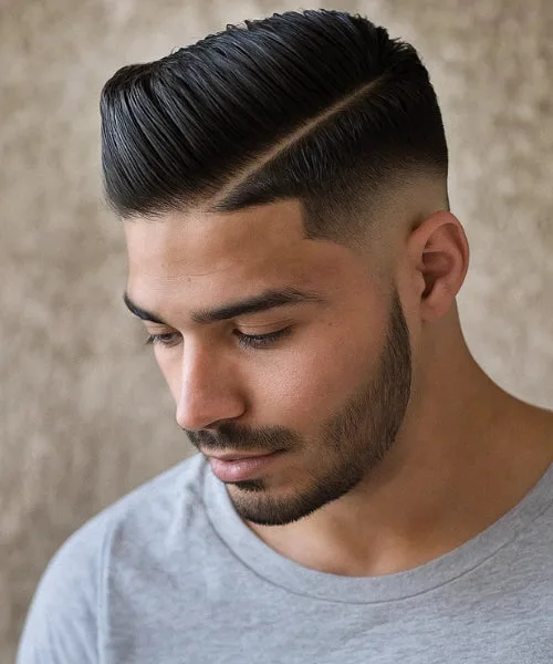 Hard part comb over fade haircut with defined line, sharp fades, and styled top for structure