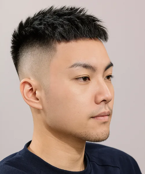Skin fade Asian haircut with sharp faded sides and voluminous textured top