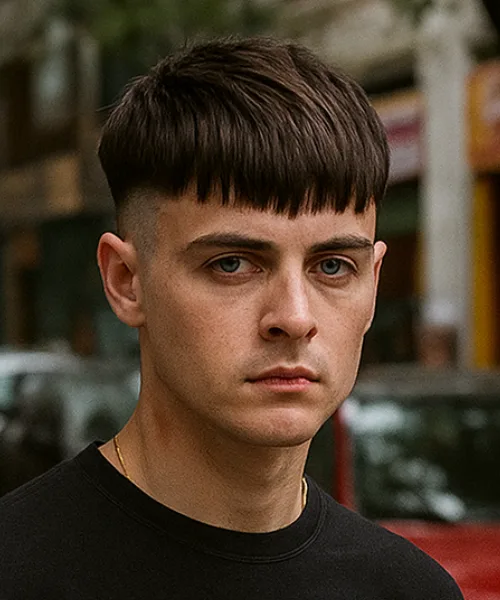 Skin fade fringe haircut with clean faded sides and straight fringe for bold styling