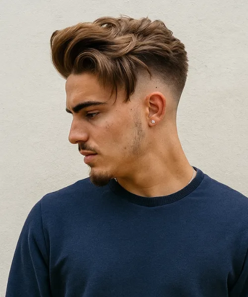 Skin fade long hair style with sharp sides and long textured top for bold contrast