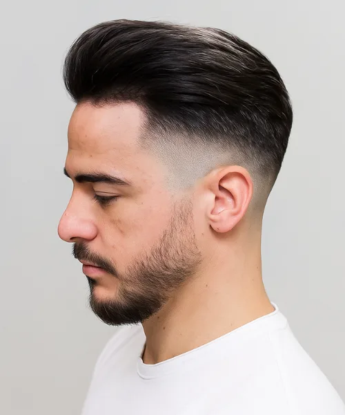 Skin fade pompadour haircut with voluminous slicked top and sharp faded sides