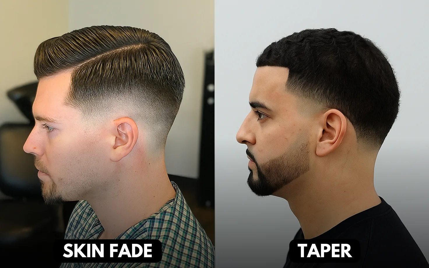 Skin fade vs taper haircut comparison showing bold skin-level fade vs subtle taper sides