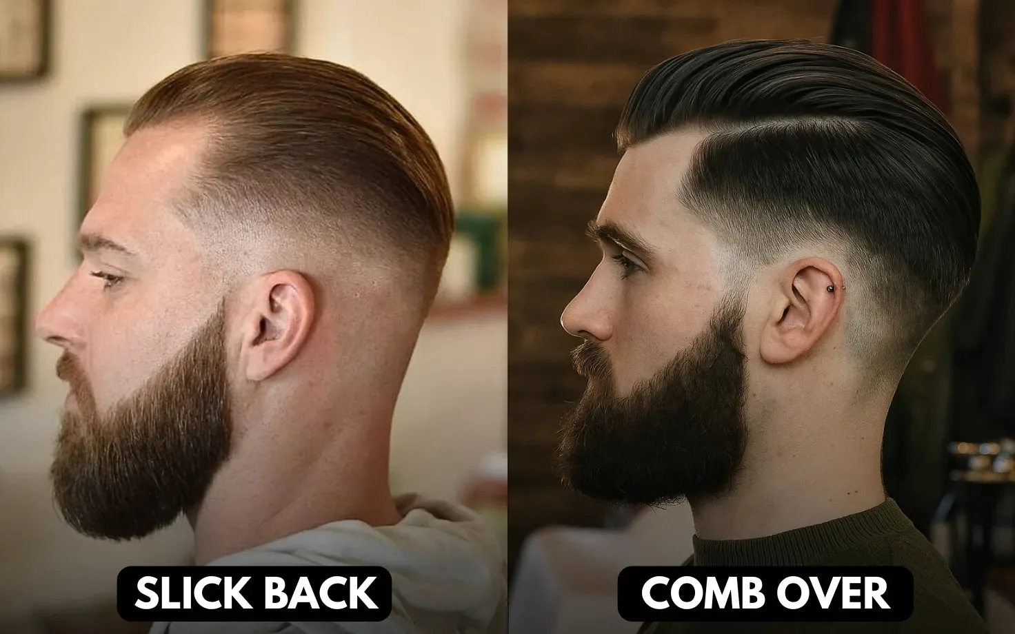 Comparison of slick back vs comb over hairstyle showing polished flow versus structured parted style
