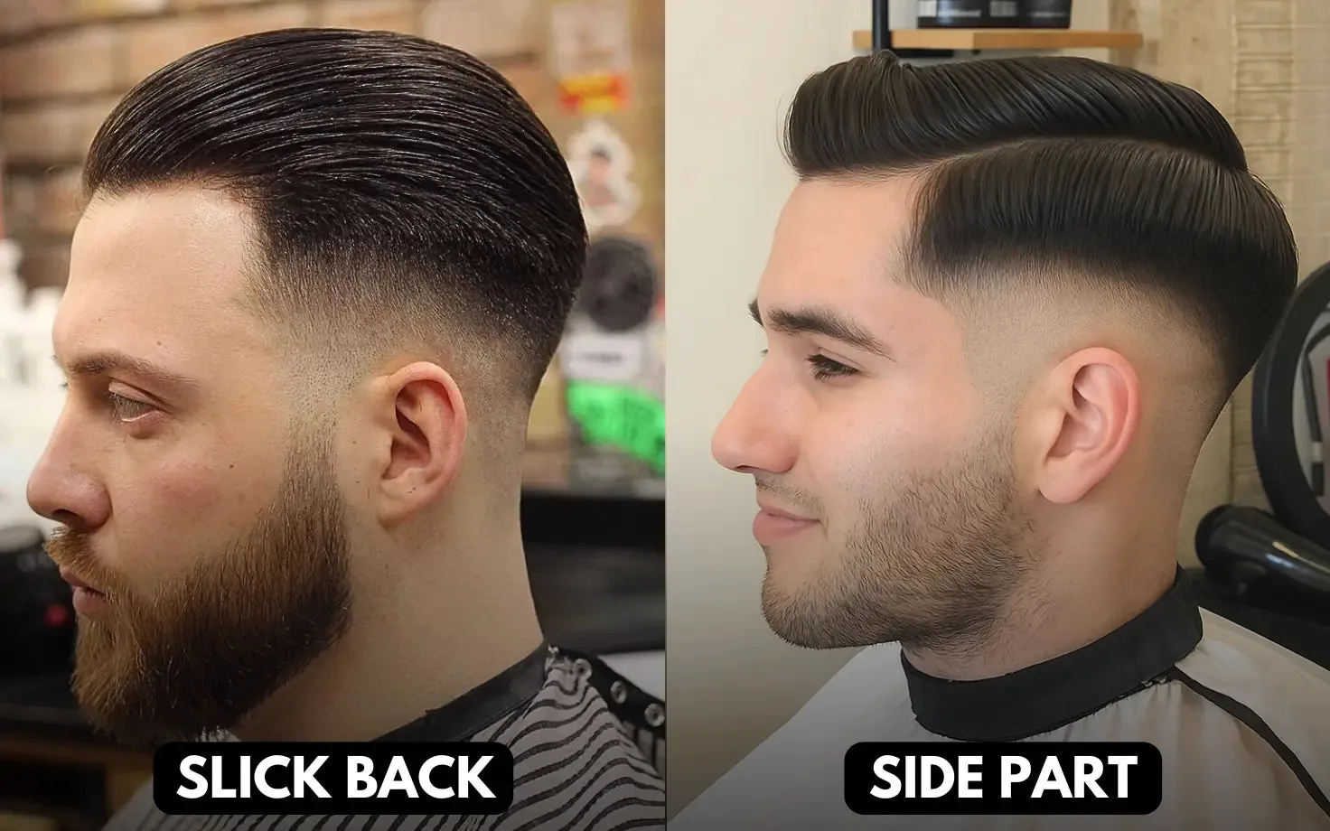 Side by side comparison of slick back vs side part haircut highlighting flow versus sharp structure