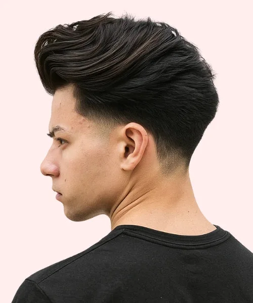 Temple fade long hair with sharp faded sides and voluminous textured top for trendy flow.