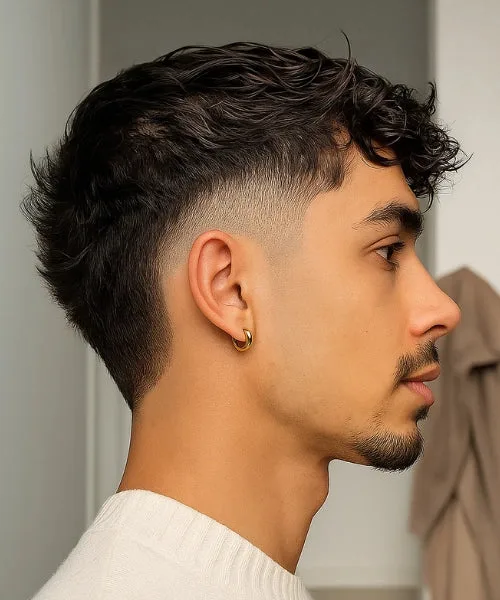 Temple fade mullet with faded temples and long textured back for bold trendy men’s style.