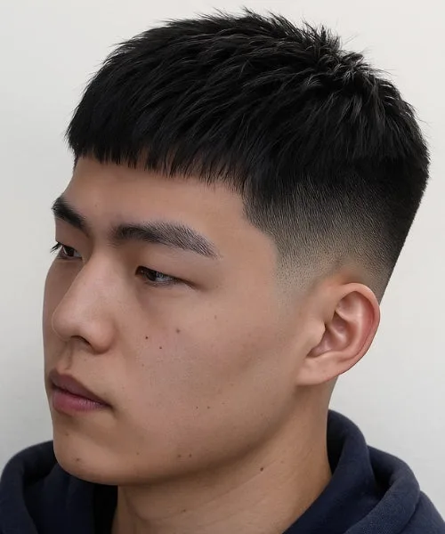 Caesar cut for Asian men with straight fringe, faded sides, and natural flow on top