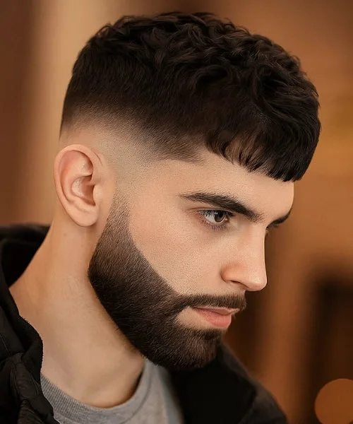 Caesar cut with low faded sides, blunt fringe, and forward-styled textured crown