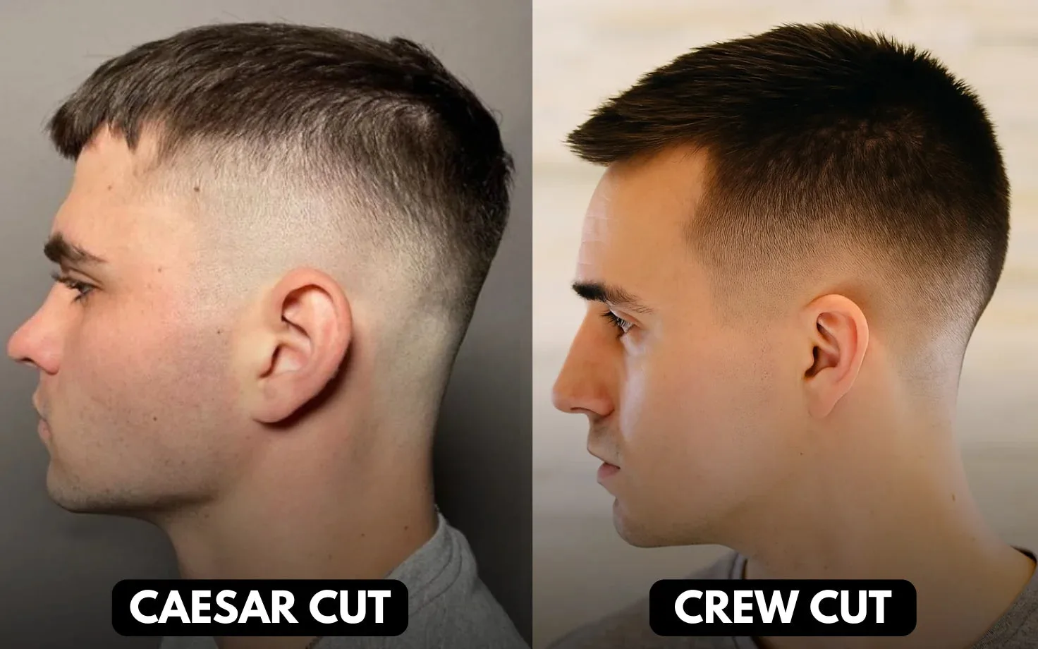 Comparison of Caesar haircut with straight fringe vs crew cut with short buzzed crown