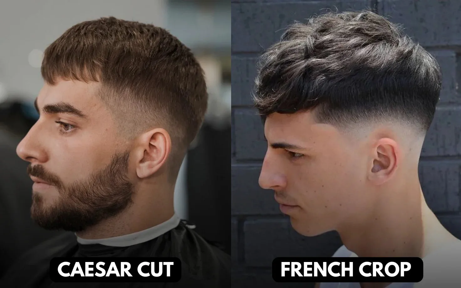 Side-by-side of Caesar cut with blunt fringe and French crop with longer, choppy fringe for contrast