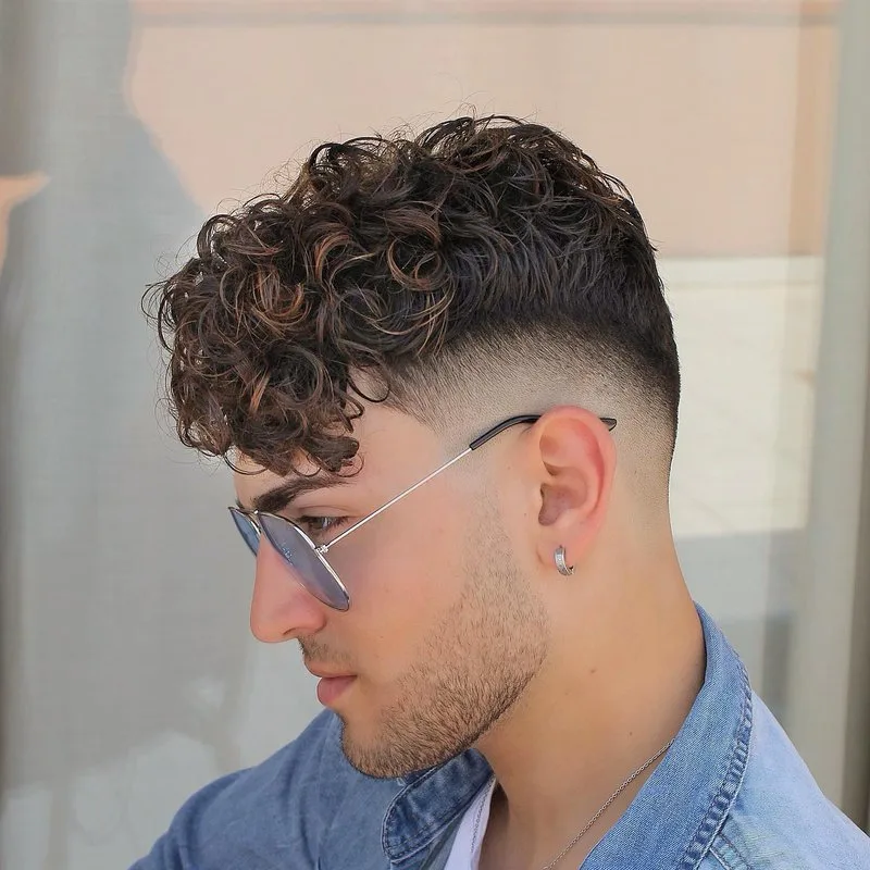 Curly Top with Mid Drop Taper Fade