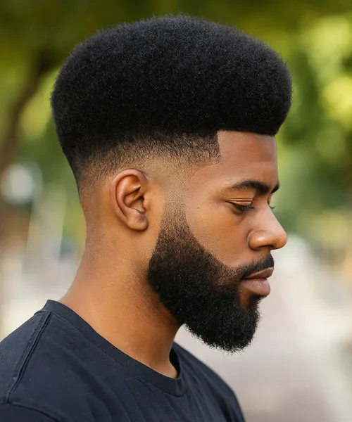 High fade afro haircut with natural texture and sharp clean sides for standout shape