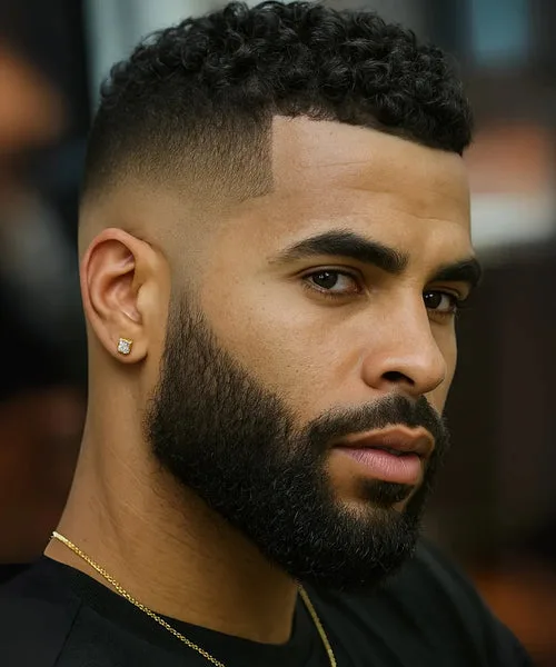 High fade haircut for Black men with tight curls and clean fade around the temples