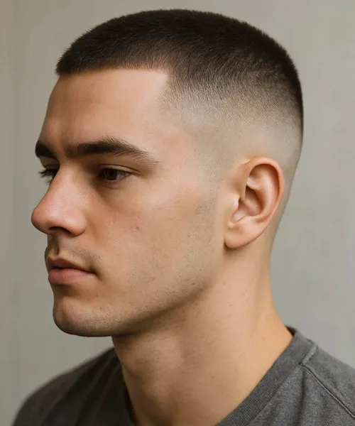 High fade buzz cut with skin-tight sides and short even top for low-maintenance style