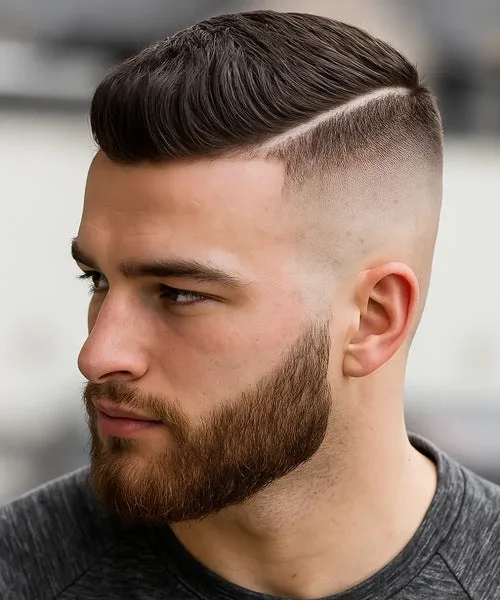 High fade comb over haircut with hard part and clean sides for a sharp, classic look